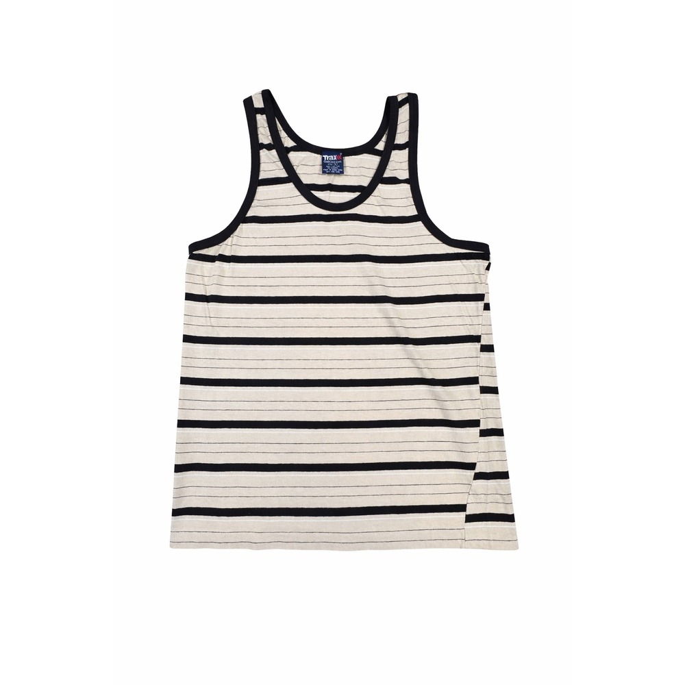 Vintage Trax Activewear Mens Large Striped Tank Top Tan Black Cotton Hong Kong
